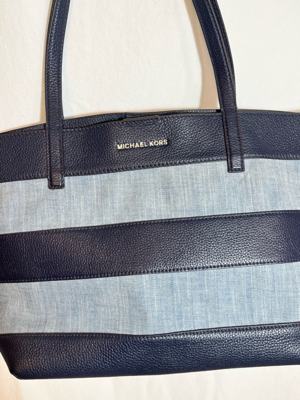 Michael Kors Navy Pebbled Leather & Denim Striped Tote Bag Large Shoulder purse - Picture 10 of 10
